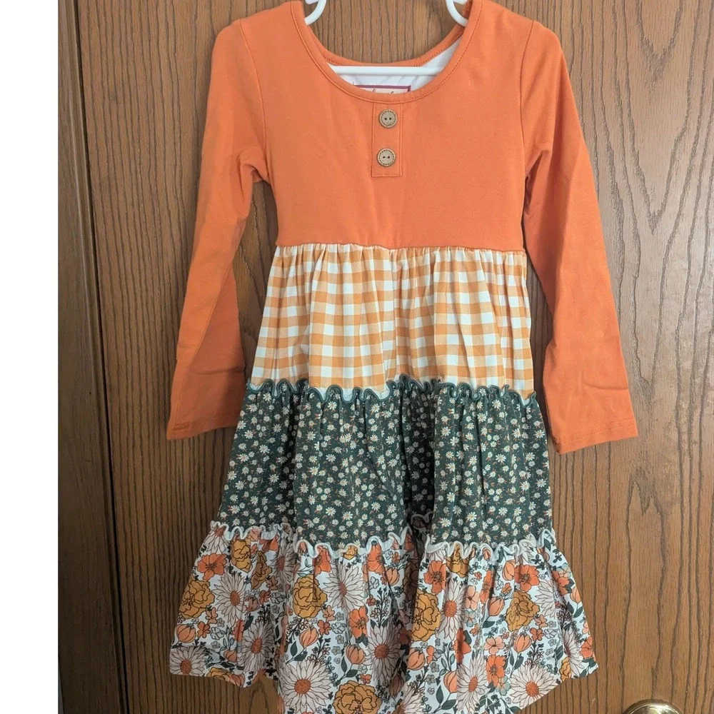 Cheeky Plum Orange Floral Gingham Tiered 3/4 Sleeve Henley Dress Fall-Girls 5T